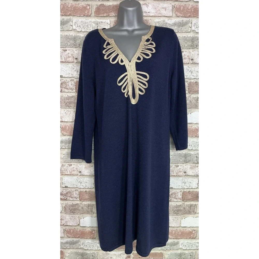 Lilly Pulitzer Devlin Sweater Shift Dress Navy Blue Merino Wool‎ Sz L